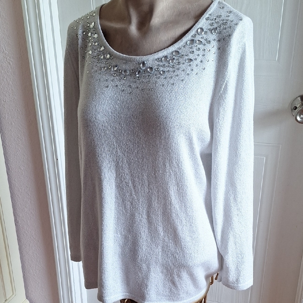 Elegant Silver Rhinestone Embellished Women's Knit Sweater